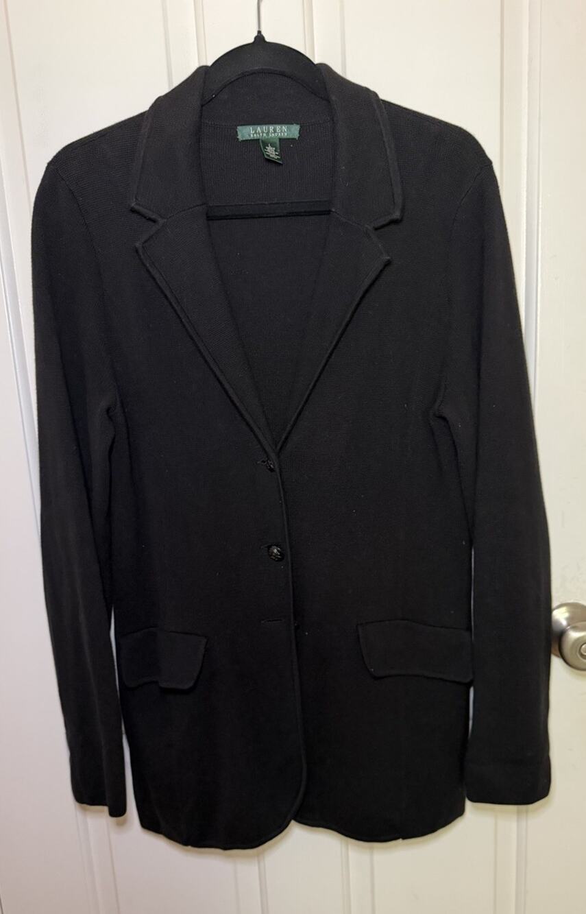 Lauren Ralph Lauren-100% Cotton Black Knit Blazer/Jacket-Size L